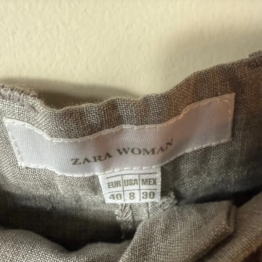 Zara Woman Flax Linen Pants SZ 8 Gray Lined Tie Wide Leg Classy Work Casual